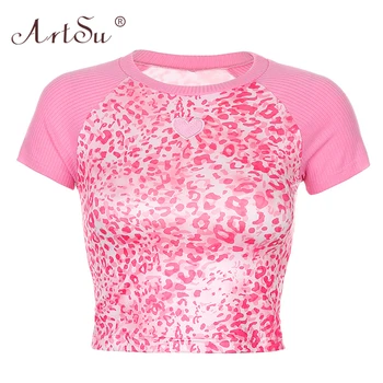ArtSu Patchwork Leopard Růžový Crop Top T Košile Módní Pot Roztomilý Krátký Rukáv T-shirt Ženy Ležérní Letní Topy Trička Streetwear