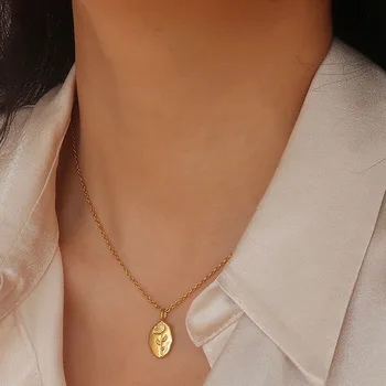 Oválný přívěsek rose zlatý náhrdelník pro ženy z nerezové oceli elegantní minimalistický elegantní náhrdelník svetr módní 2021