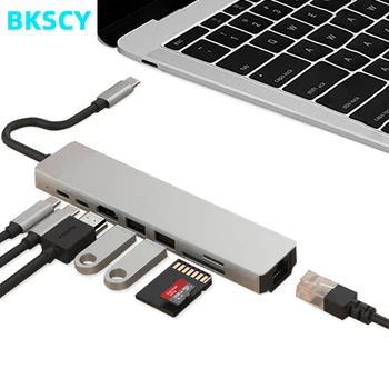 BKSCY USB C UZEL Typu C na HDMI, RJ45 Ethernet Multi Porty USB 3.0 hub typ c PD Napájecí Adaptér Pro MacBook Pro Dock, USB-C HUB HAB