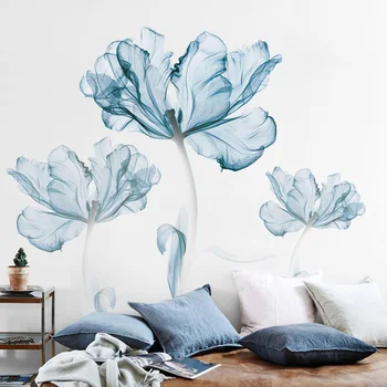 HOUSEEN 2ks Ložnice, Obývací Pokoj Modrá Květina, Samolepka na Zeď Modern Art Home Decor Samolepicí DIY 60 X 90 cm