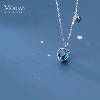 Modian Deep Blue Crystal Romantické Srdce Autentické 925 Sterling Silver Přívěsek Náhrdelník pro Ženy Jemné Šperky Přítelkyně Dárek