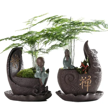 Malý Mnich Keramický Buddha Flower Váza s Zásobník Tvůrčí Osobnosti Klasický Čínský Styl Šťavnaté PotModern Kancelářské Stolní