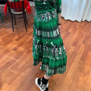 RUGOD 2021 mladé elegantní korejský styl retro šaty sweet all-zápas retro streetwear zelené geometrické hit barevné šaty jaře roku 2021