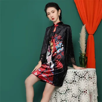 Podzim Zima Ženy Čínské Šaty Vintage Print Qipao Šaty Dlouhý rukáv Lepší Cheongsam Černé Sexy Sametové Šaty Moderní Qipao