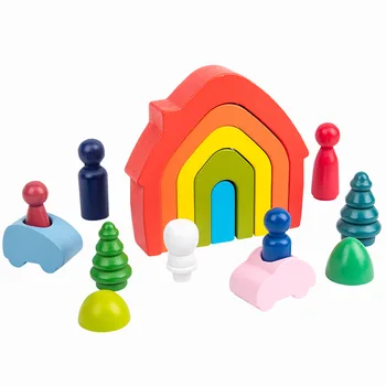 Montessori Dřevo Stavební Bloky Barevné Duhy Jengle Obloukové Bloky Domu, Panenky, Hračky, Děti, Vzdělávací Hračky, Stolní Hry Dárek