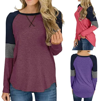 Plus Velikost Dlouhý Rukáv T Shirt Ženy O Krk Barva Patchwork Top Tees Ležérní Tričko Svetr Žena Podzim 2019 Oblečení