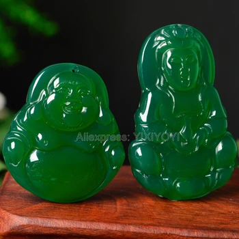 Krásná Ruční Práce Přírodní Zelená Achát Jade Vyřezávané Velké GuanYin Buddha Štěstí, Přívěsek + Lano Náhrdelník Okouzlující Jemné Šperky