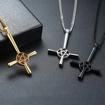 Obrácený Pentagram Kříž Náhrdelník Mens Satanský Symbol Přívěsek Z Nerezové Oceli Vzhůru Nohama Lucifer Satan Šperky