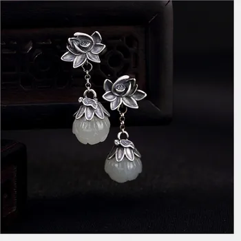 Real 925 Etnické Thajské Stříbrný Květ Lotosu Náušnice Módní Vítr Číny Elegantní Jade Lotus Náušnice Gemstone Šperky pro Ženy