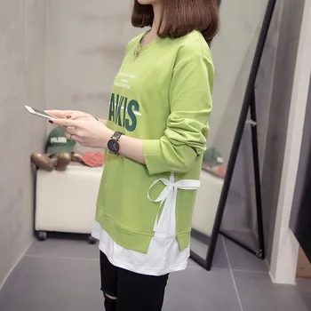 Plus Velikost Patchwork Topy tričko Ženy 2020 podzimní módní Volné Luk korejské Dopis Tisk Dlouhý Rukáv lady Tričko Oversize oblečení
