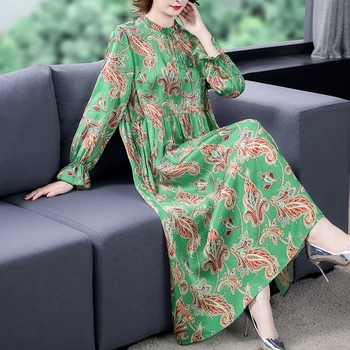 2021 Podzim Zima Vintage Zelené Midi Šaty Ležérní 4XL Plus Velikosti Květinové Moruše Hedvábné Maxi Šaty Elegantní Ženy Bodycon šaty Vestido
