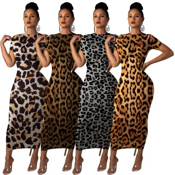 Letní Ženy Bodycon Dlouhé Maxi Šaty S Krátkým Rukávem Leopard Print Noční Klub Party Sexy Obvaz Elegantní Šaty Vestidos 2020