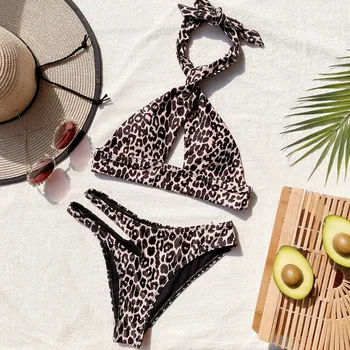 2021 Sexy Leopard Plavky Ženy Halter Bikini Set Vystřihnout Tanga Vysoký Pas Plavky Dva Kusy Letní Plážové Oblečení