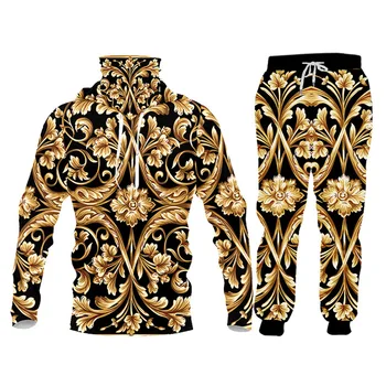 UJWI značky 3D Tisk Muži dva dílná sada Gold Flower Luxusní Royal Barokní Tepláková Bunda, Tepláky, Mikina Mikiny sportovní 5XL
