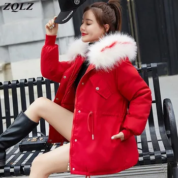 ZQLZ 2020 Nové Zimní Bunda Ženy Loose s Kapucí Kožešinový Límec Plus Velikost Dolů Bavlna dámský Kabát Černé Červené Růžové Dlouhé Parka Kabát