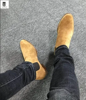 FR.LANCELOT 2020 módní nové mužů boty skluzu na špičaté toe semišové kožené chelsea boty med podpatku muži boty party šaty botičky