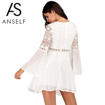 Anself Sexy Dámské Šaty V-Neck Hollow Out s Dlouhým Rukávem Mini Šifon Šaty Elegantní Bílé Boho Ženy Šaty Ležérní Vestido Krajka