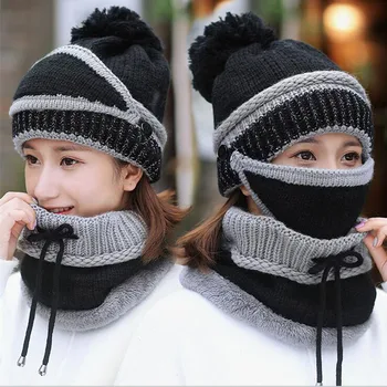 Zimní Beanie Hat Šátek A Maska Set 3 Kusy Tlusté Teplé Pletené Čepice Pro Ženy