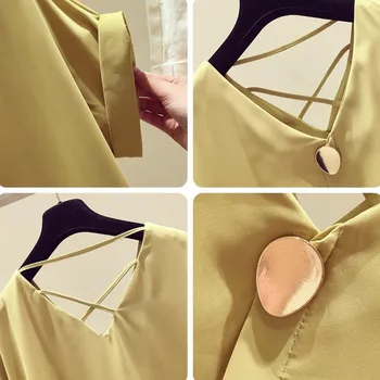 Letní korejský Solid V-neck Šifon Halenky Ženy Blusas Mujer De Moda 2021 Krátký Rukáv Košile pro Ženy OL Oblečení Blusa 9306 50