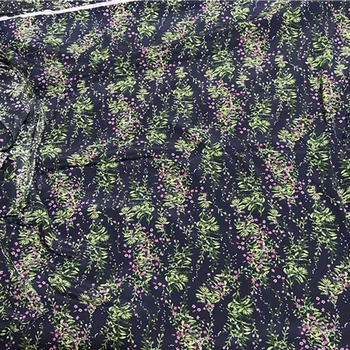 Čisté hedvábí, krep de chine tkaniny zelené listy a květinové tisk na tmavě modré dno,SCDC1231