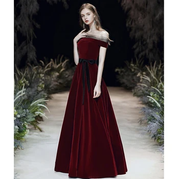 Nový Jednoduchý Vintage Vínové Večerní Šaty Člun Krku Flooe-délka Velurové Dlouhé Prom Formální Šaty Vestido De Noche