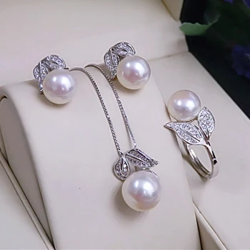 Pearl Náušnice, Náhrdelník, Přívěsek, Prsten Pro Ženy Přírodní Sladkovodní White Pearl Šperky Set 925 Sterling Silver Šperky Sady Dárek