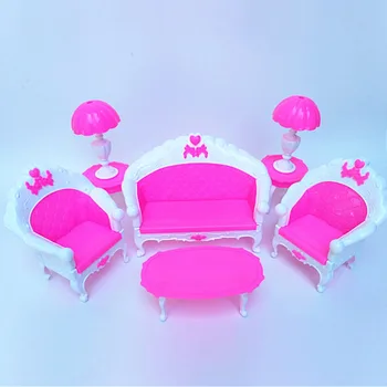 Obývací Pokoj Nábytek (pohovku + konferenční Stolek + Zářivka) Příslušenství pro Panenku Barbie 1/6 Hračky Dívka Dárek k Narozeninám Plastové Play Set