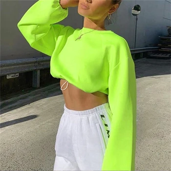 Podzim Neon Zelené Mikiny Dlouhý Rukáv O-neck Crop Top Lady Solidní Streetwear Volné Spodní Stahovací Svetry 2020