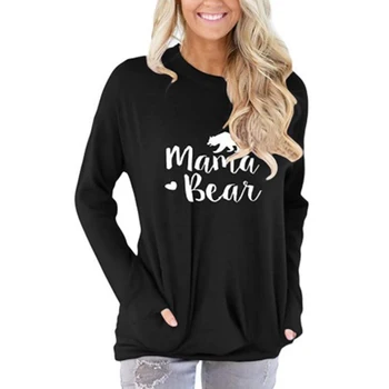Mama Bear Podzim Ženy Dlouhý Rukáv T-shirt Kapsy Femme Top Bavlna O-neck Tee Graphic Roztomilý Máma Tee Plus Velikost Oblečení 2021