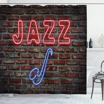 Hudba Sprchový Závěs Obraz Svůdné Neon Jazz Podepsat s Saxofon Nástroj na Cihlové Zdi Tisku Koupelna Dekor Set