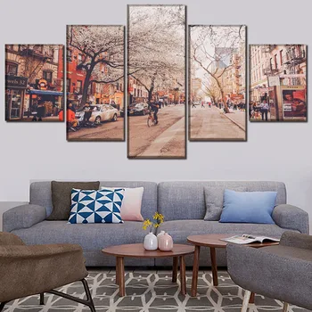 Jedna Sada 5 Kusů New York Street Krajiny Třešní Plakát, Plátno, Obrazy HD Otisky Modulární Obrázek Wall Art Dekorativní