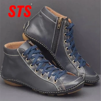 STS Dámské Casual Boty Byty Spodní Zip Kožené Vintage Módní Krátké Boot Pohodlné Měkké Venkovní Obuv Plus Velikosti