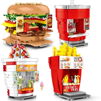 Mini City Street Store Blok Nastavit 3D DIY Hamburger cola Pít, zmrzlina, francouzské hranolky Nakupovat Stavební Cihly Hračky Pro Děti