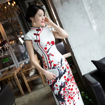Sheng Coco 4XL Bílá Červená Švestka Dlouho Qipao Šaty Dámské Večerní Banket Cheongsam Šaty Krásné Dlouhé Qipao Čínské Oblečení