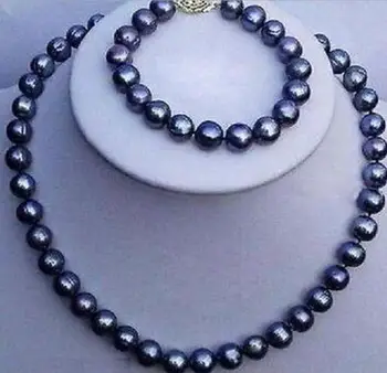 Ohromující 8-9mm tahitian black pearl náhrdelník náramek sada 14k