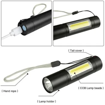 USB Dobíjecí vestavěná Baterie Svítilna XPE LED COB Světlo 3 Režimy Mini Zoom Venkovní Camping Lampa Vodotěsné Odolné Práce