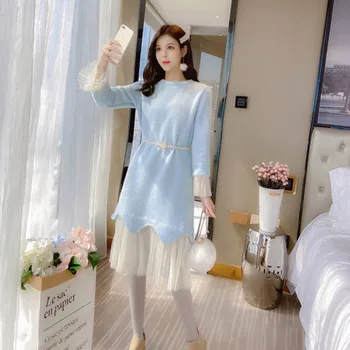 Zahustit Ležérní Šaty Ženy Zimní Šaty Dámské Patch Práci Krajky Vestidos Verano 2019 Mujer Volné Modré Roucho Femme