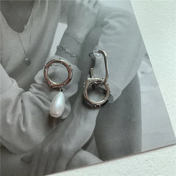 Korejský Stříbrná Barva, Asymetrie, Geometrické Kulatý Kruh Pearl Náušnice pro Ženy, Dívky Prohlášení Laso Perly Náušnice Šperky
