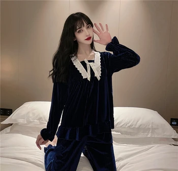2021 jaře a na podzim nový Japonský a korejský styl pyžama ženy krajky sametový dvoudílný volný čas domácí oblek