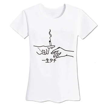 Bederní Pár Harajuku Letní Krátký Rukáv T-shirt Bílé Bavlněné Volné Japonské Slovo Tištěné Milence Odpovídající Top Tee t - kusy- K210