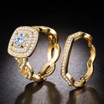 Huitan Luxusní 2KS Svatební Prsten Set s Princezna Cut CZ Stříbrný Pozlacený Milence Dárek, Zásnubní Snubní Prsteny pro Ženy A Muže