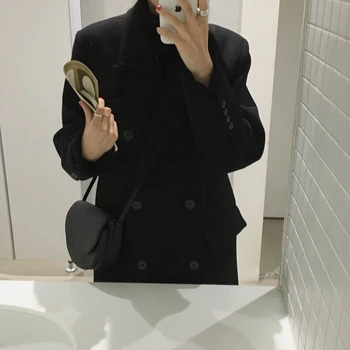 Korejský Styl Vintage Černý Vlněný Kabát Pro Ženy Klopě Double Breasted Dlouhé Sako, Kabáty Office Dámy Páskem Oblečení