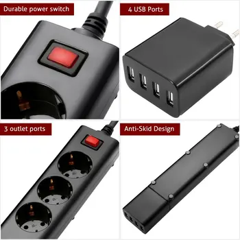 Síťový filtr 3-Zásuvky Přepěťová ochrana Power Strip s Více Port USB Nabíječka 1,5 M Kabel Prodlužovací Kabel EU Plug Zásuvky