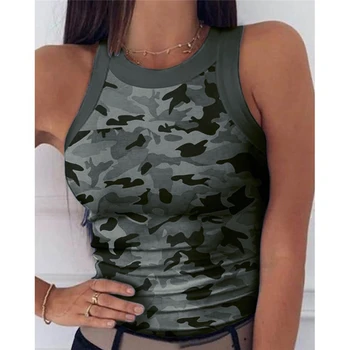 2020 Letní Žen Print Top Módní Ženy Ležérní Army Camo Maskovací Tank bez Rukávů O-neck Slim Vesta T-Košile Plus Velikosti S-2XL