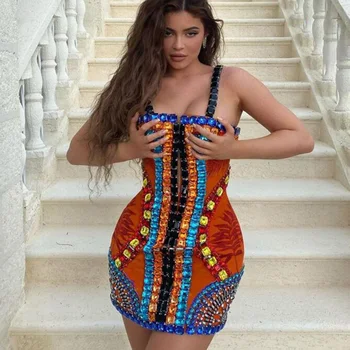 Kylie Jenner Nové Ženy Módní Těsný Obvaz Šaty Vestidos 2020 Sexy Bez Rukávů Oranžové Korálky Elegantní Značkové Mini Šaty