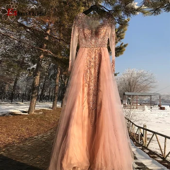 Dlouhé Rukávy Večerní Šaty pro Ženy 2020 Luxusní Ručně vyráběné Korálky O Krk Mořská panna Tyl Formální Party Šaty