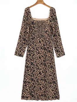 Yinlinhe Leopard Tisk Vintage Dlouhé Šaty Ženy Náměstí Límec High Split Jarní Šaty Dlouhý Rukáv Elastické Slim Party Šaty 1963