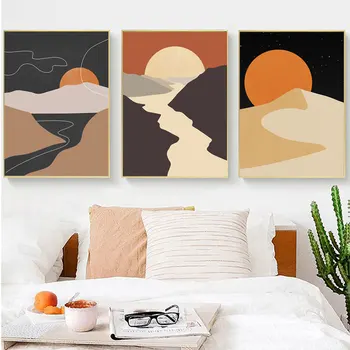Nordic Abstraktní Sun Moon Plátno Malba, Moderní Linie, Barvy, Blok, Plakát Geometrické Hory, Nástěnné Obrázky pro Obývací Pokoj Dekor
