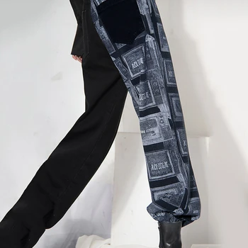 LANMREM černý modrý tisk přímo volné ležérní street nosit širokých nohou kalhoty s pocket módní 2020 Podzim příliv pro ženy 2A1360
