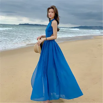 Blue beach šaty ženské letní dovolenou u moře Thajsko sexy s hlubokým výstřihem visí na krku plná barva dlouhý swing šaty